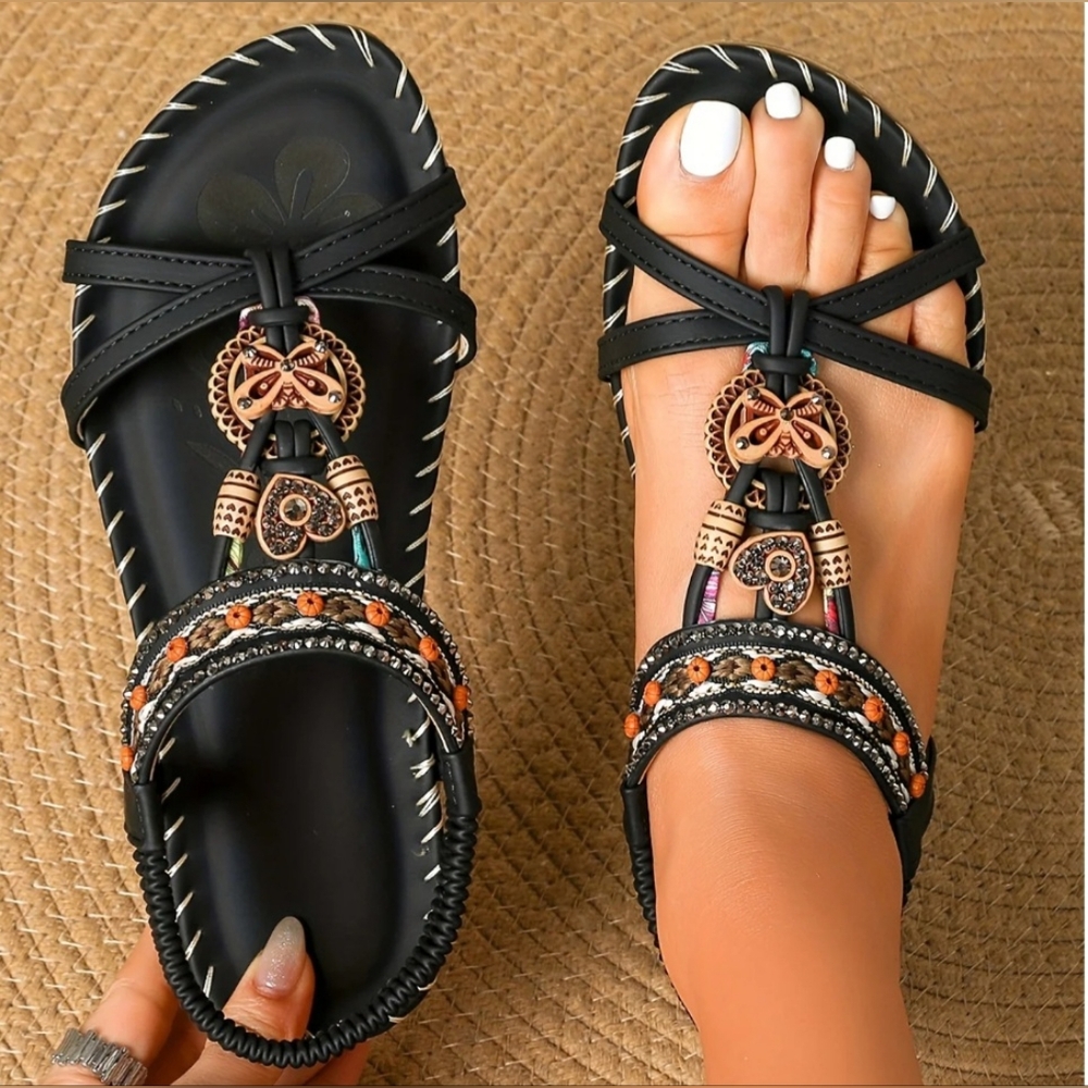 Women's Boho Stylish Lightweight Flat Beaded Slip-On Sandals- Black